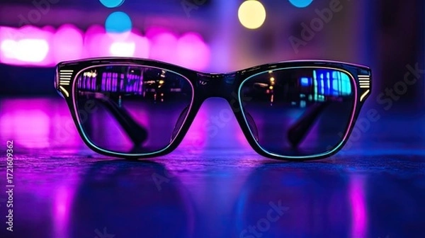 Fototapeta Black sunglasses front-on with neon reflections, capturing futuristic aesthetics and colorful highlights