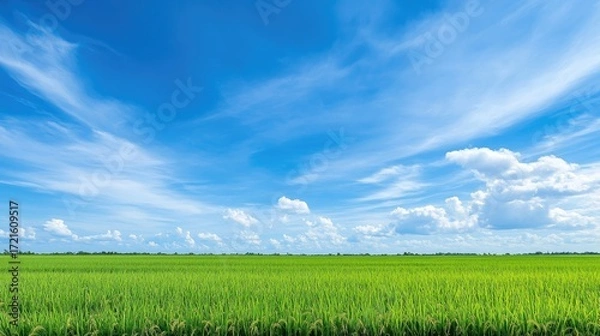 Fototapeta Blue sky stretching over a peaceful jasmine rice field in rural Isaan, Thailand, during the cool winter season.