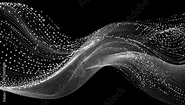 Fototapeta Abstract design featuring flowing, light-gray lines and scattered white dots on a black backdrop, creating a dynamic and elegant visual effect.