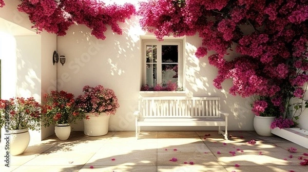 Fototapeta Bright and airy backyard setting with a white bench, colorful bougainvillea vines, and soft natural lighting.