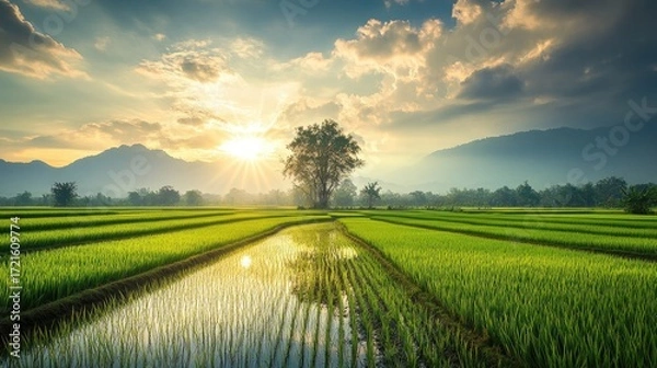 Fototapeta Bright green rice paddies reflecting sunlight in the Isaan region of Thailand, surrounded by a peaceful winter landscape.