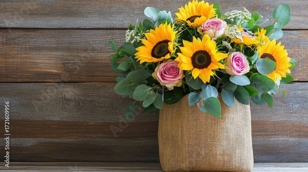Fototapeta Charming floral gift bag arrangement, filled with vibrant sunflowers, roses, and eucalyptus, placed on a rustic wooden table.