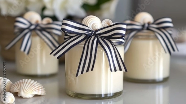 Fototapeta Charming nautical wedding favors, featuring custom jar candles wrapped in elegant striped ribbon with seashell embellishments.