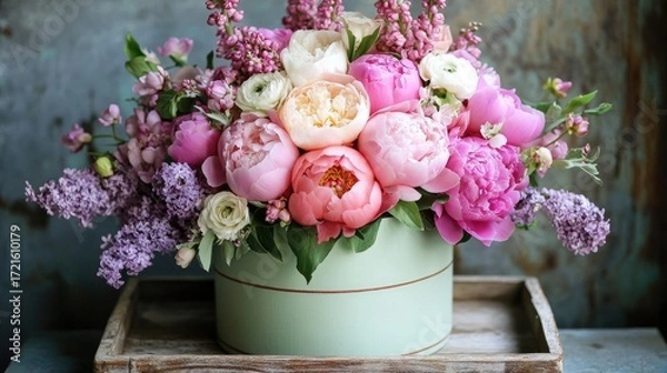 Fototapeta Chic hat box flower arrangement, featuring fresh peonies, anemones, and lilacs, set on a vintage wooden tray.