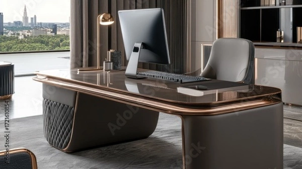 Fototapeta Close-up of a modern office desk with a widescreen monitor, elegant keyboard, and a stylish desk lamp.