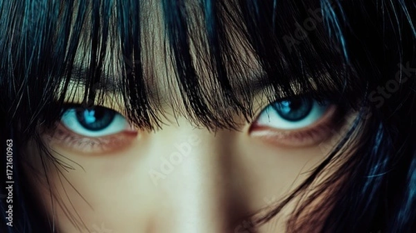 Fototapeta Close-up of an Asian woman's eyes framed by straight black bangs, creating an artistic and mysterious look.