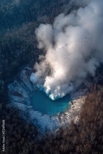Fototapeta High-angle view of a vibrant turquoise volcanic crater lake, surrounded by dark forests and billowing white plumes of volcanic steam.