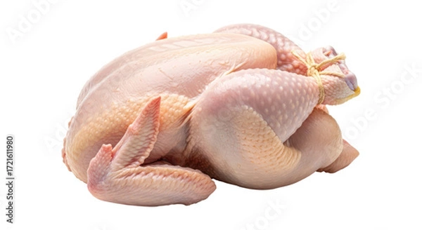 Fototapeta Whole raw chicken with trimmed wings and tied legs on transparent background
