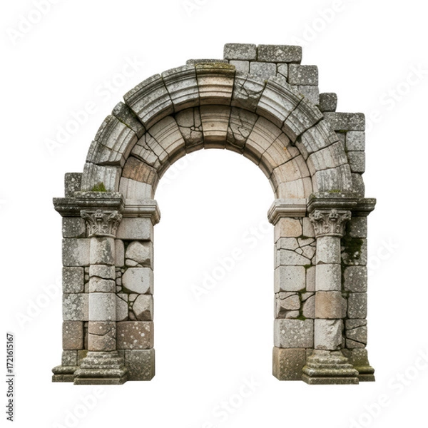 Fototapeta Ancient stone archway with detailed carvings and weathered texture on transparent background