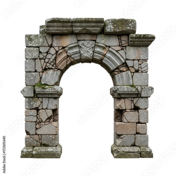 Fototapeta Ancient stone archway with weathered brick and moss on transparent background