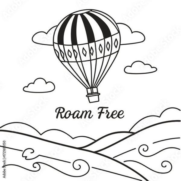 Fototapeta Hot Air Balloon Floating Above Wavy Landscape Roam Free Text