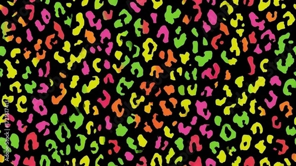 Fototapeta A seamless neon leopard pattern with vibrant multicolored spots on a black background. A vibrant and trendy abstract animal print for fashion, fabric, and wallpaper
