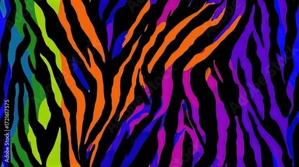 Fototapeta Bright neon zebra stripes pattern in multicolored neon shades on black canvas, abstract seamless modern background for wallpaper, fabric