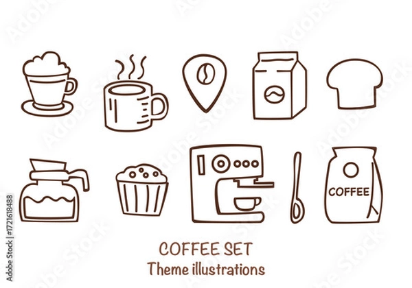 Obraz Hand-drawn coffee set illustration includes an espresso machine, Moka pot, coffee beans, cups, and barista equipment. Vector illustrations are perfect for a coffee shop design, menu, or branding.