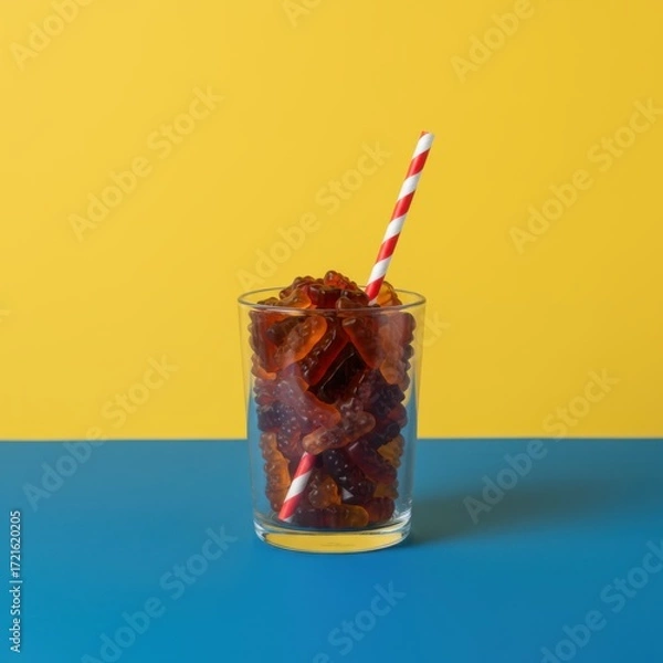 Fototapeta Refreshing iced coffee drink with red and white straw