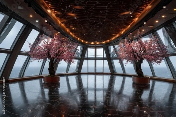 Fototapeta A spacious, modern interior room with panoramic windows showcasing a misty sea view, highlighted by decorative cherry blossom trees in elegant planter pots, and a polished dark stone floor.