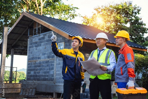 Fototapeta Construction Team Reviewing Blueprint: A team of construction professionals meticulously examines a blueprint on a project site.