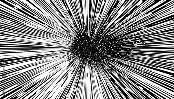 Fototapeta A dynamic, black and white image showcases radiating lines converging towards a central point, creating a sense of motion and energy.