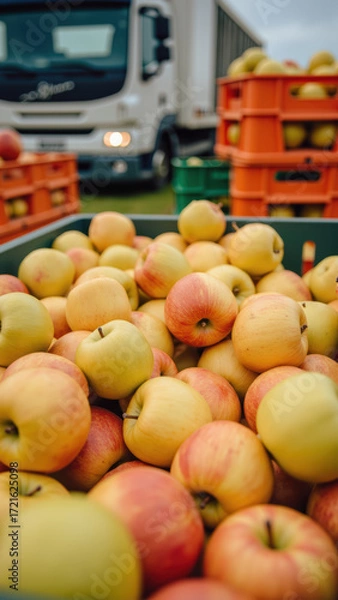 Obraz Fresh apples crates, ready for transport, showcase vibrant colors and textures. scene captures essence of harvest season and agricultural