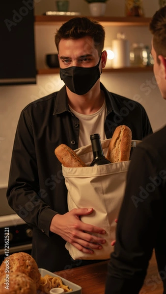 Obraz Man wearing black mask holds bag filled with bread and bottle in modern kitchen setting, conveying sense of safety and care