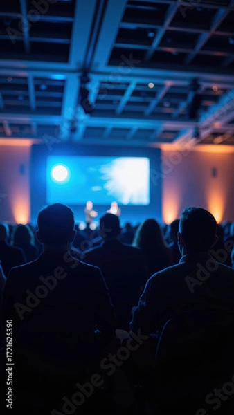 Obraz Engaged audience at conference, illuminated by blue lighting, focused on speakers on stage, creating atmosphere of anticipation and learning