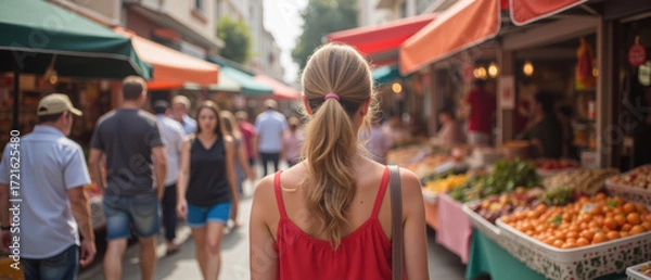Obraz Exploring vibrant market filled with fresh produce and lively crowds creates delightful atmosphere