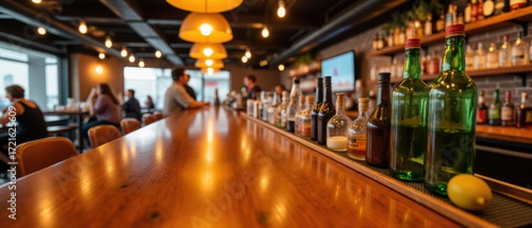 Obraz Vibrant bar scene featuring polished wooden counter lined with various bottles of spirits and mixers. warm lighting creates cozy atmosphere