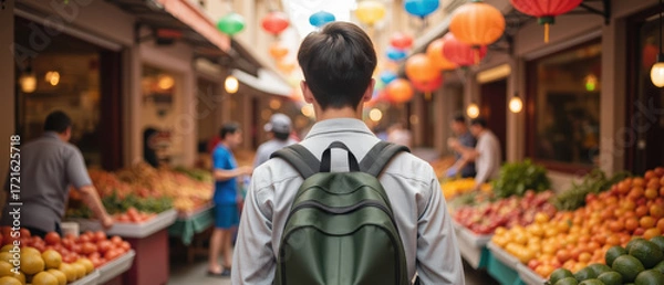 Obraz Young person stands in vibrant market, surrounded by colorful fruits and lanterns, evoking sense of exploration and curiosity