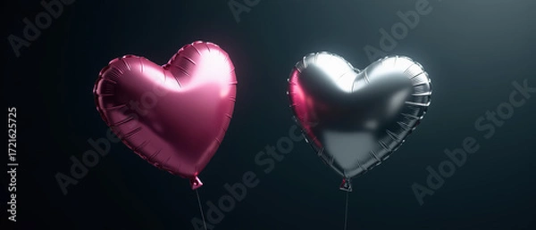 Obraz Heart shaped balloons in pink and silver colors float against dark background, creating romantic and festive atmosphere