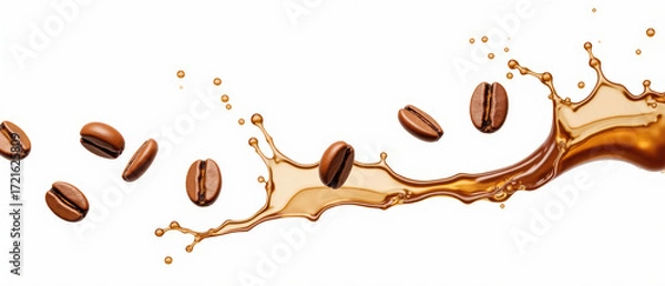 Obraz Rich coffee beans splash in wave of liquid, creating energetic and dynamic scene that captures essence of freshness and flavor