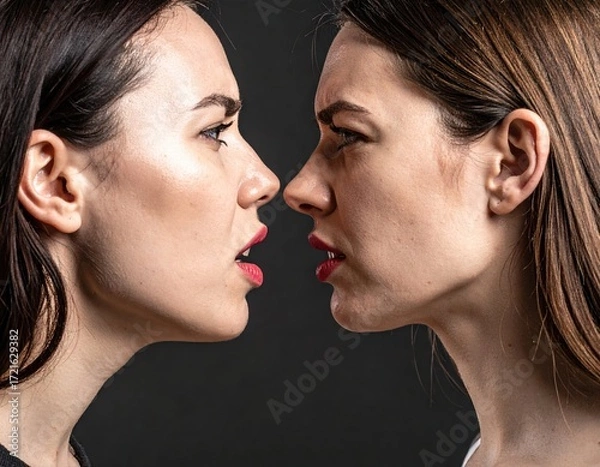 Fototapeta Intense staredown between two young caucasian females on a dark background