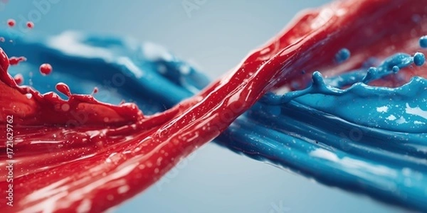 Fototapeta Dynamic splash of red and blue paint colliding mid-air