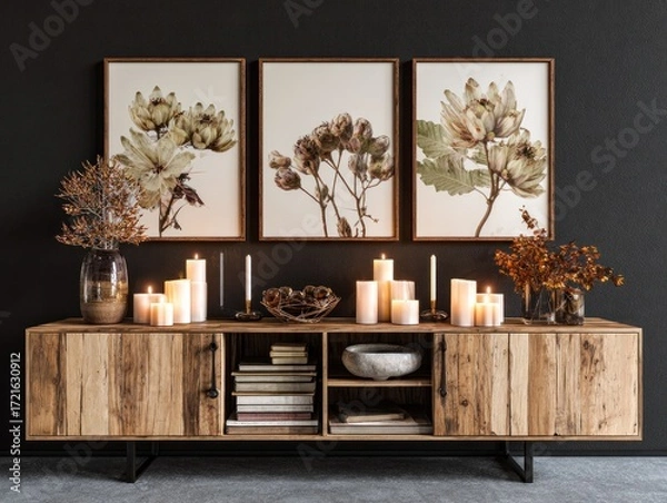 Fototapeta A wooden media cabinet, displaying three framed floral prints, with warm tones, and candles, creating a cozy autumnal ambiance.