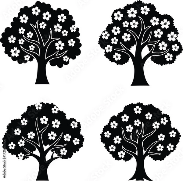 Fototapeta Four blooming trees in spring floral style