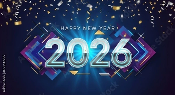Fototapeta Elegant 2026 New Year Celebration with Confetti and Geometric Shapes on Dark Blue
