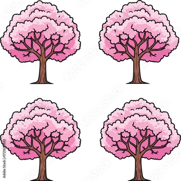 Fototapeta Four cherry blossom trees with pink flowers in spring style