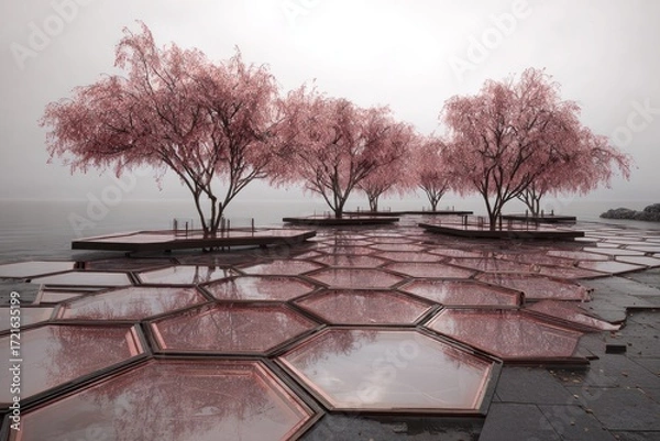 Fototapeta A serene waterfront promenade featuring pink cherry blossoms, hexagonal glass panels reflecting the misty sky, and a tranquil lake setting.