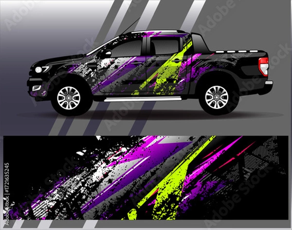Fototapeta Car wrap design vector. Graphic abstract stripe racing background designs for vehicle, rally, race, adventure and car racing livery