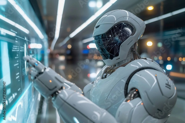 Fototapeta A White Android Robot With A Futuristic And Sleek Design Interacts With A Holographic Digital Interface In A Modern Setting