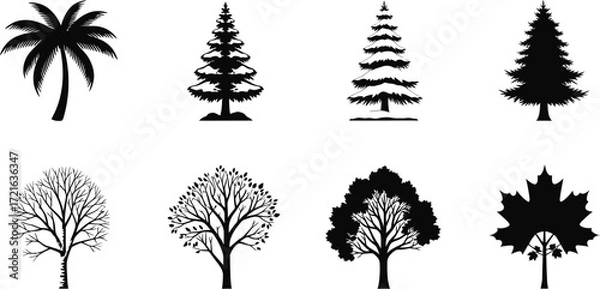Fototapeta Set of tree silhouettes in nature concept vector illustration