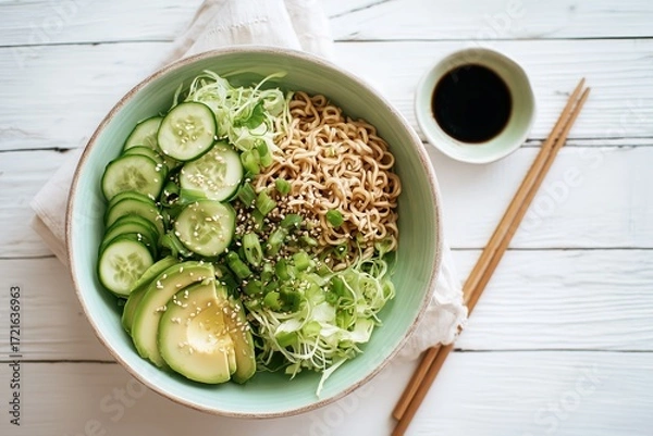Fototapeta Cold ramen salad bowl with cucumbers, lettuce, avocado slices, and sesame dressing in pastel bowl