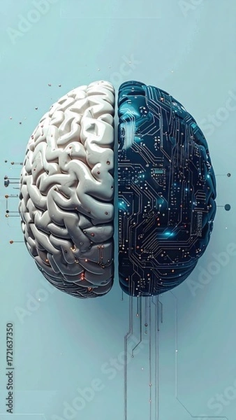 Fototapeta Human Brain Divided into Two Hemispheres with Technological Elements.