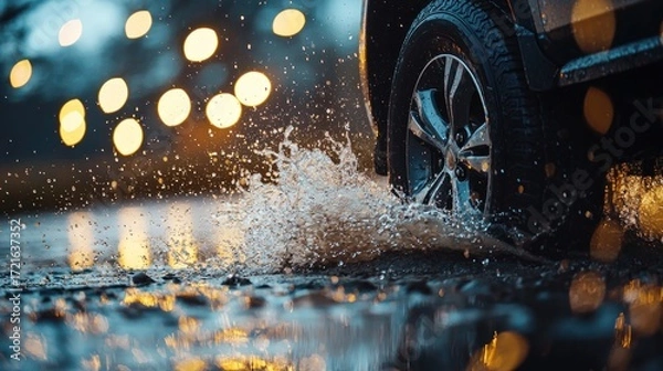 Obraz Vehicle tire splashing water on road