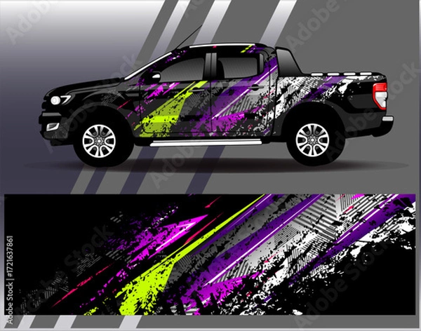 Fototapeta Car wrap design vector. Graphic abstract stripe racing background designs for vehicle, rally, race, adventure and car racing livery