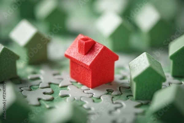 Obraz Red house amidst a sea of green houses on a puzzle