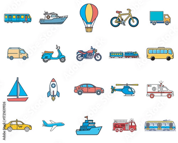Fototapeta Lineal Color Transport Icon Set with 20 Vehicle Designs Including Car Bus Train Airplane and More for Modern Vector Illustration