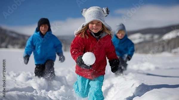 Fototapeta Group of kids playing in the snow in winter time