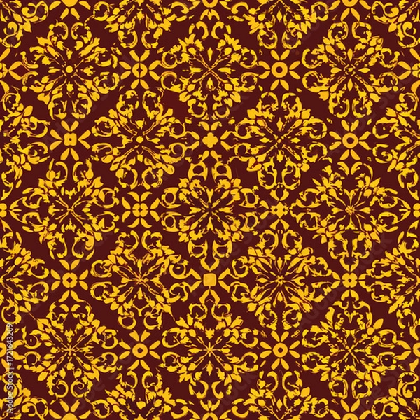 Fototapeta Yellow ornate floral pattern with grunge texture on a dark red background vector illustration