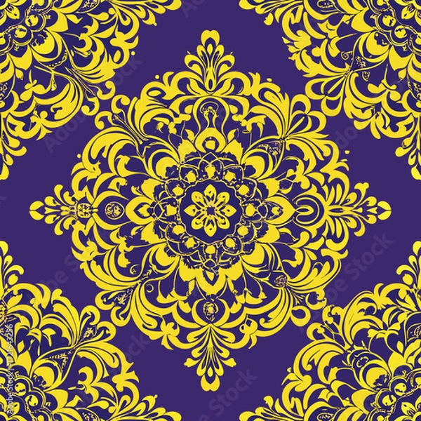 Fototapeta Yellow ornate mandala pattern on a deep purple background vector illustration