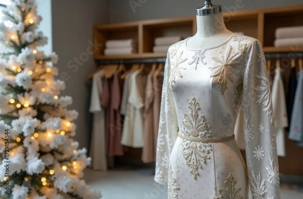 Fototapeta The fabric boutique is decorated in a Christmas theme. In the foreground are a Christmas tree and a mannequin in a dress. In the blurred background are shelves filled with rolls of fabric